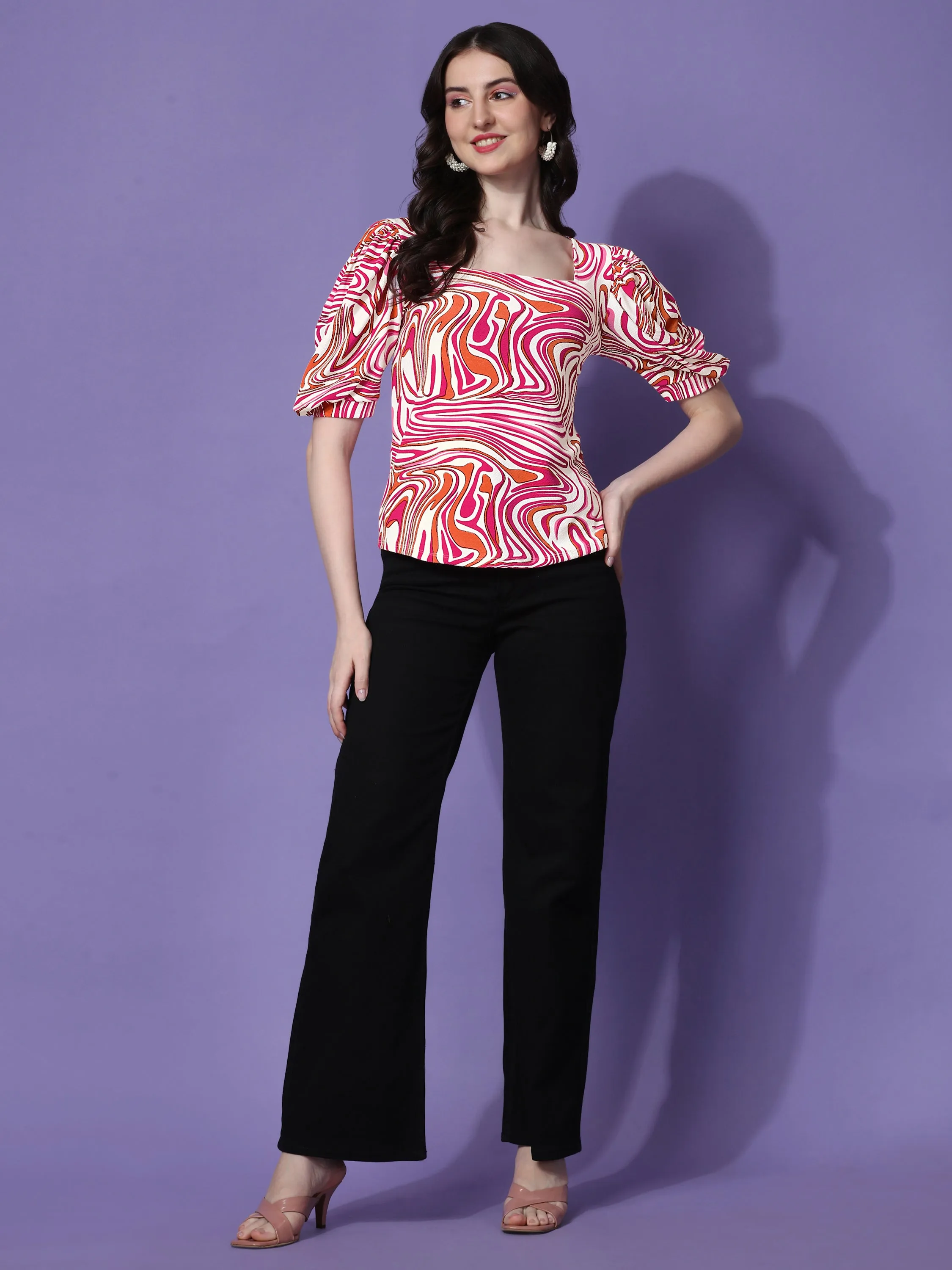 Square Neck Puff Sleeve Animal Print Top