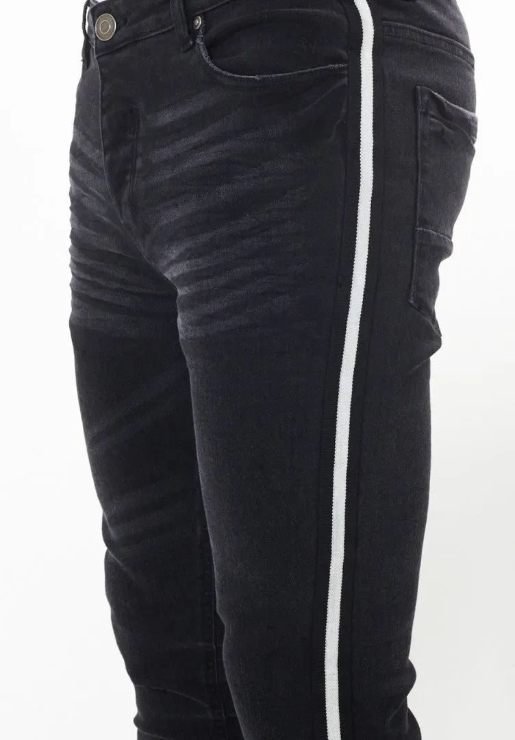 STRIPED LEG FADED CHARCOAL SKINNY JEANS