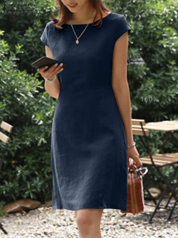 Summer O-Neck Zipper, Short Sleeve Sundress