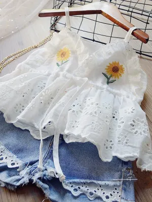 Sunny Sunflower Denim Shorts Set