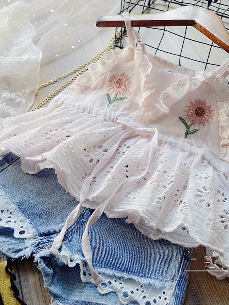 Sunny Sunflower Denim Shorts Set