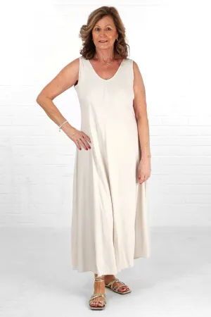 V-Neck Maxi Trapeze Dress in Cream