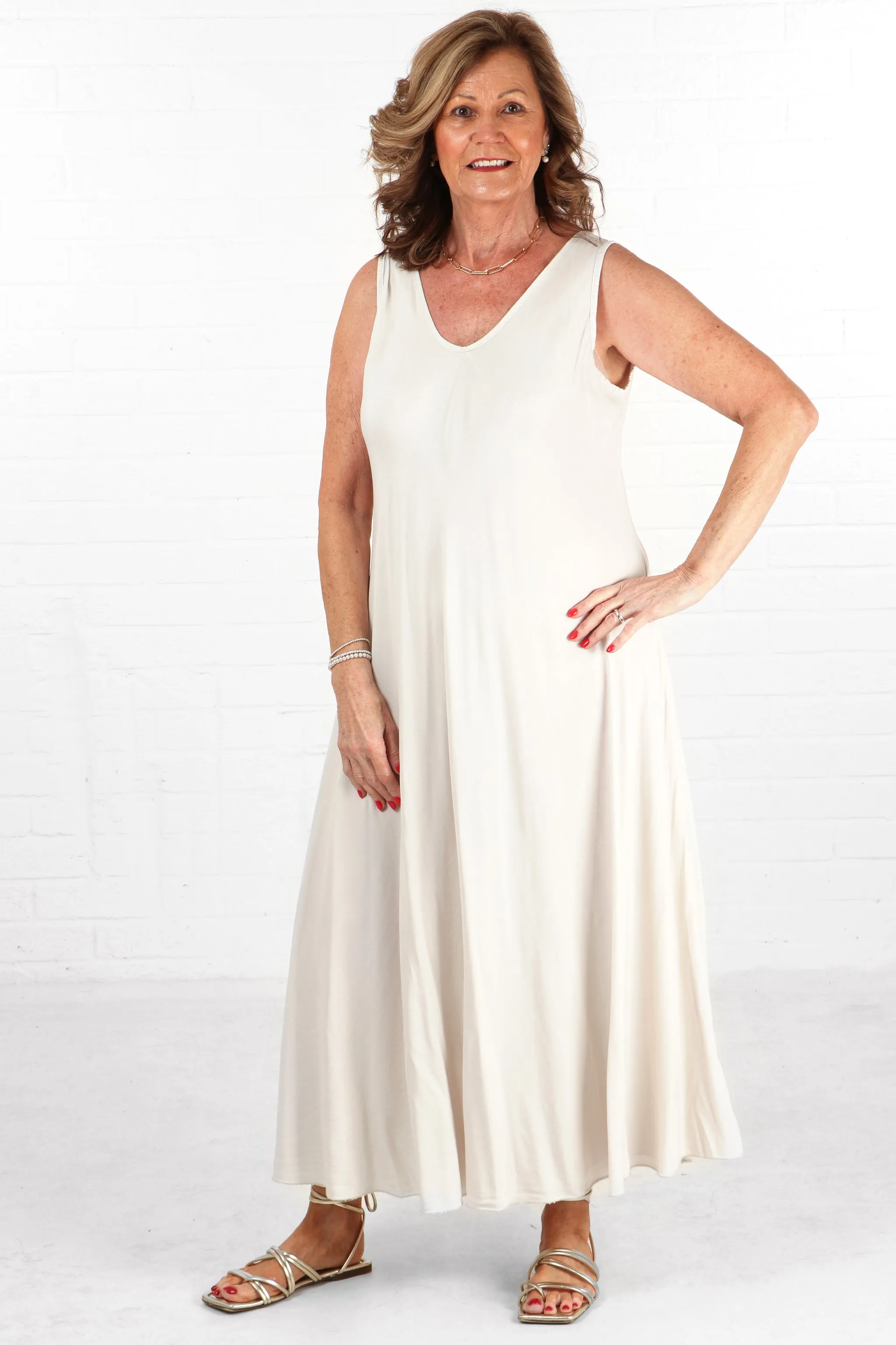 V-Neck Maxi Trapeze Dress in Cream