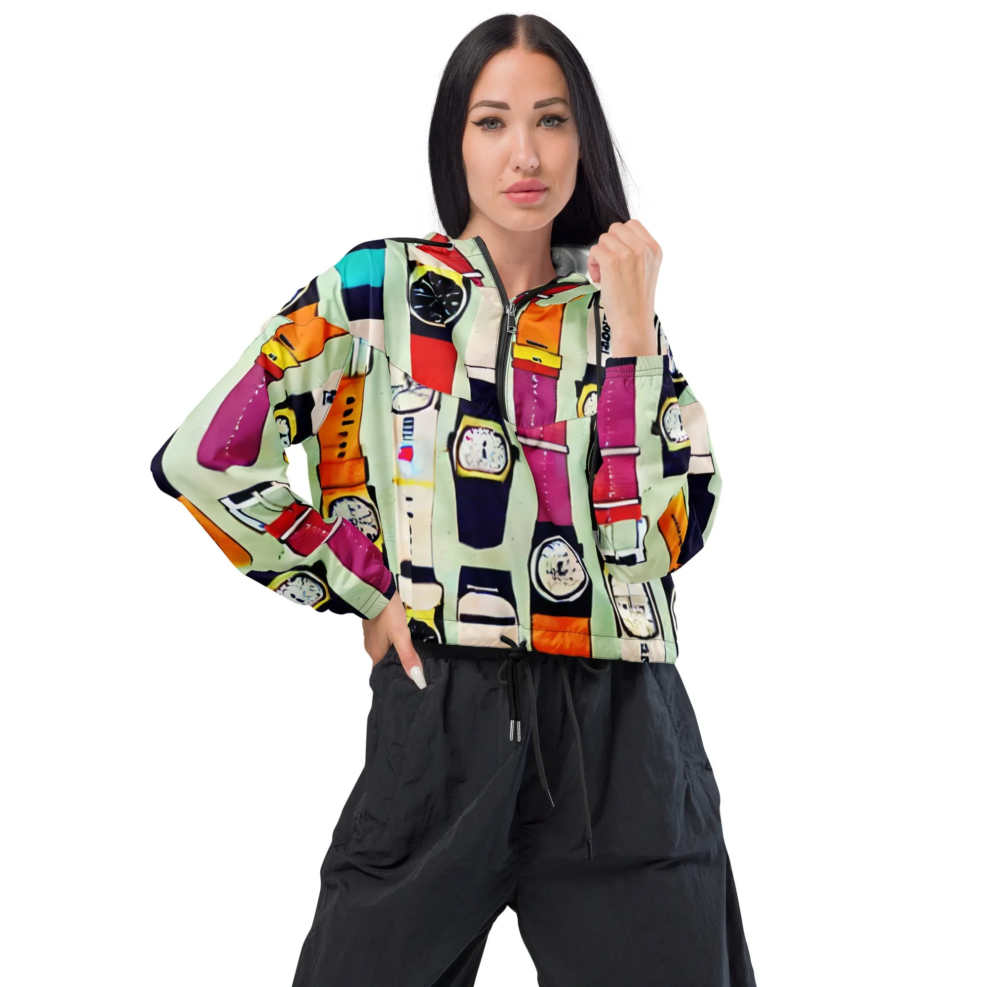 Vintage Watch Print cropped windbreaker