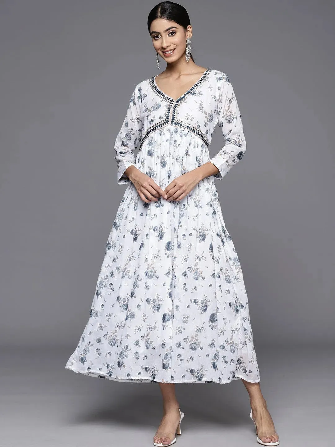 White Printed Cotton Fit and Flare Dress