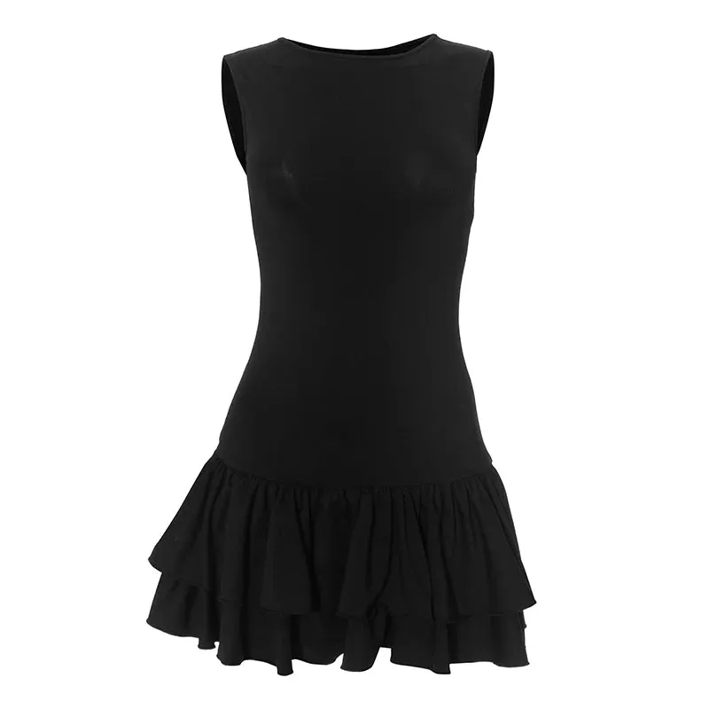 Women Layered Ruffle Hem Mini Dress Sleeveless Slim Fit