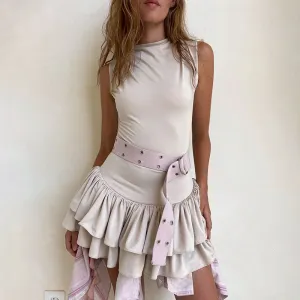 Women Layered Ruffle Hem Mini Dress Sleeveless Slim Fit