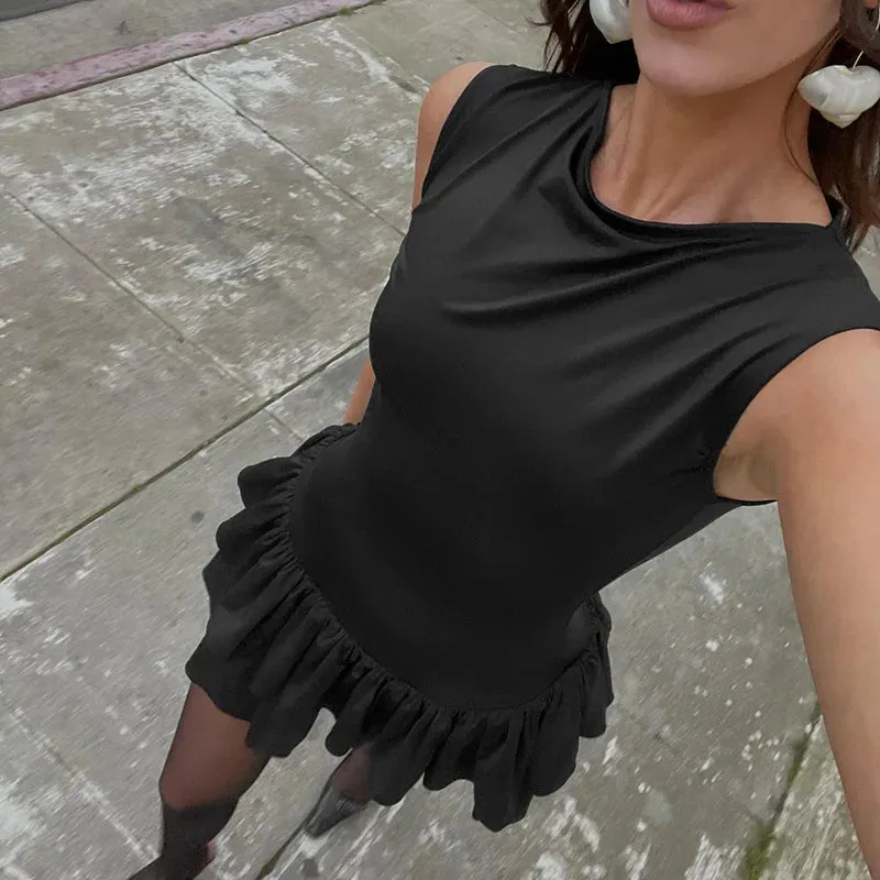 Women Layered Ruffle Hem Mini Dress Sleeveless Slim Fit