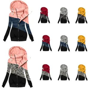 Women Turtleneck Hoodie Color Block Zip Up Drawstring Sweatshirt Coat with Pockets