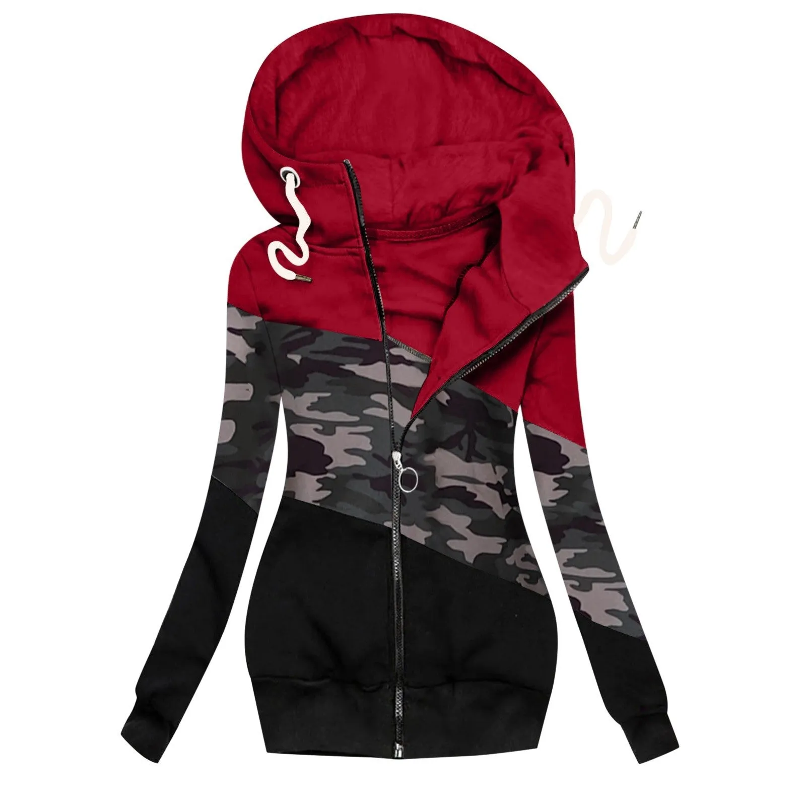 Women Turtleneck Hoodie Color Block Zip Up Drawstring Sweatshirt Coat with Pockets