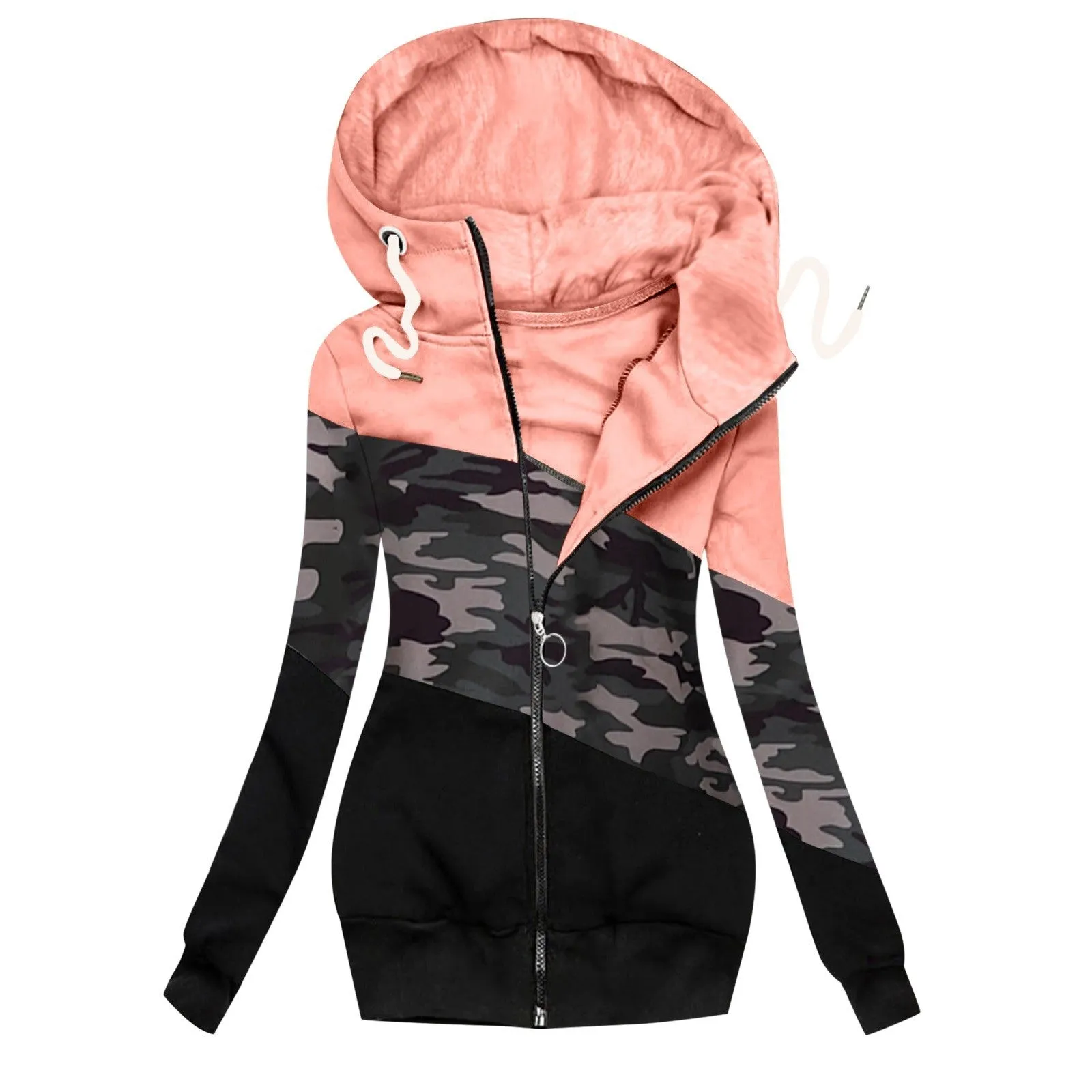 Women Turtleneck Hoodie Color Block Zip Up Drawstring Sweatshirt Coat with Pockets