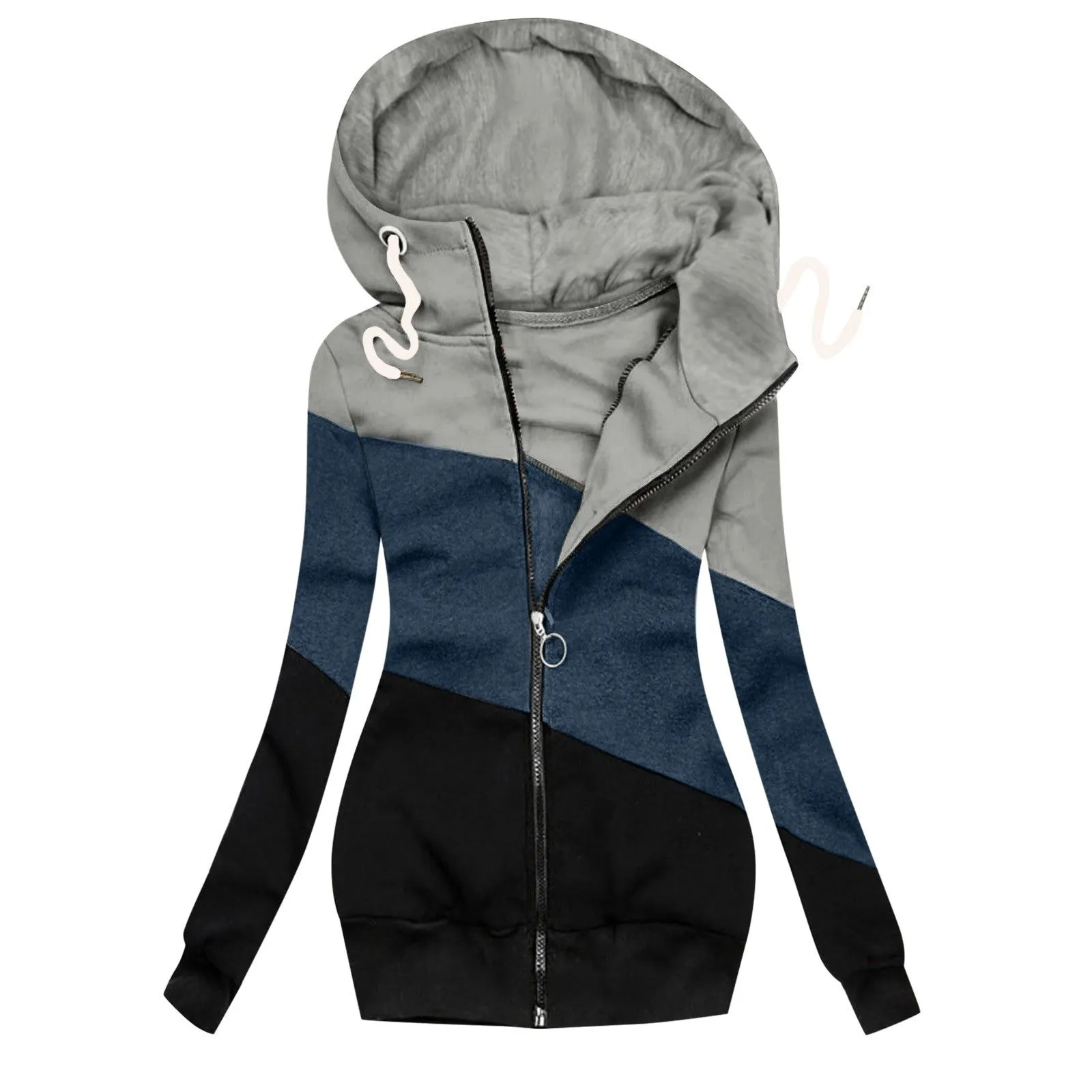 Women Turtleneck Hoodie Color Block Zip Up Drawstring Sweatshirt Coat with Pockets