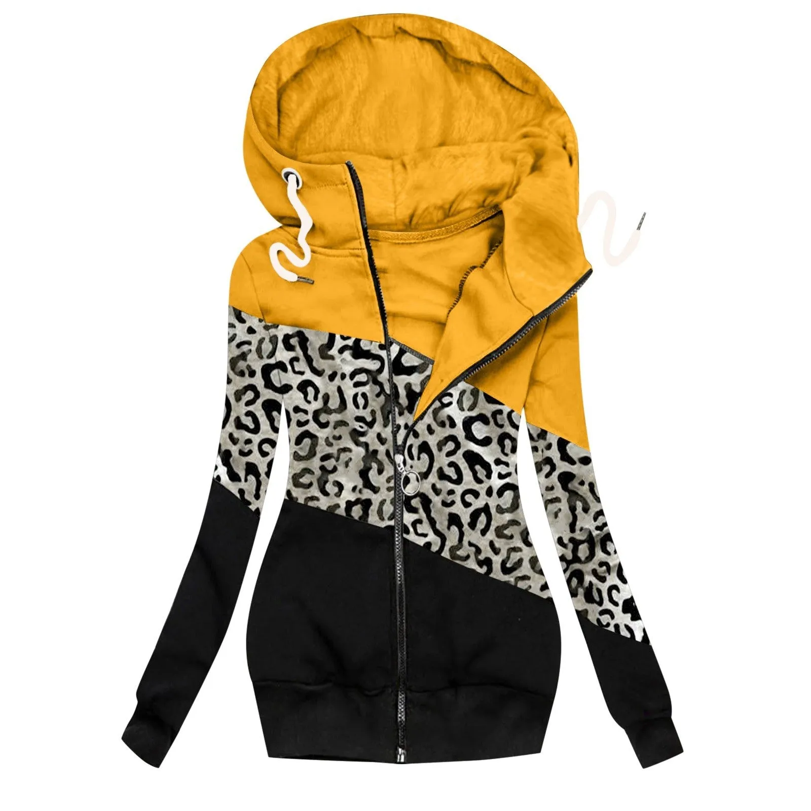 Women Turtleneck Hoodie Color Block Zip Up Drawstring Sweatshirt Coat with Pockets