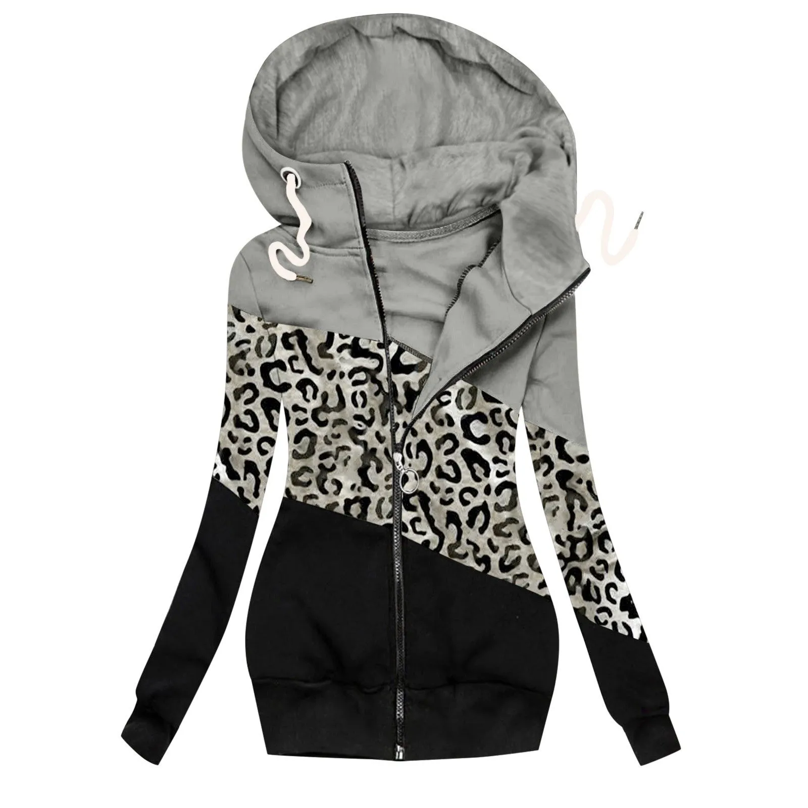 Women Turtleneck Hoodie Color Block Zip Up Drawstring Sweatshirt Coat with Pockets
