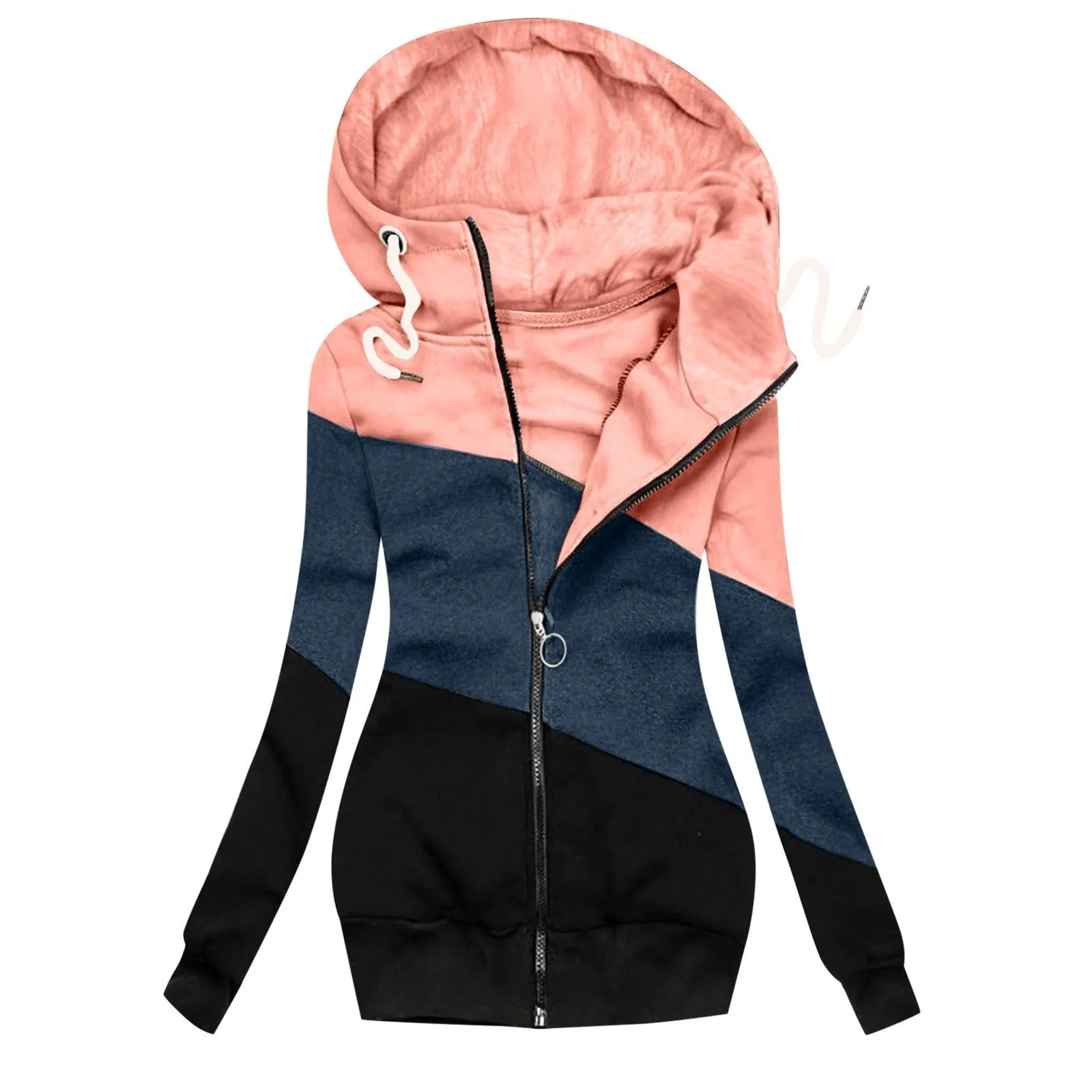 Women Turtleneck Hoodie Color Block Zip Up Drawstring Sweatshirt Coat with Pockets