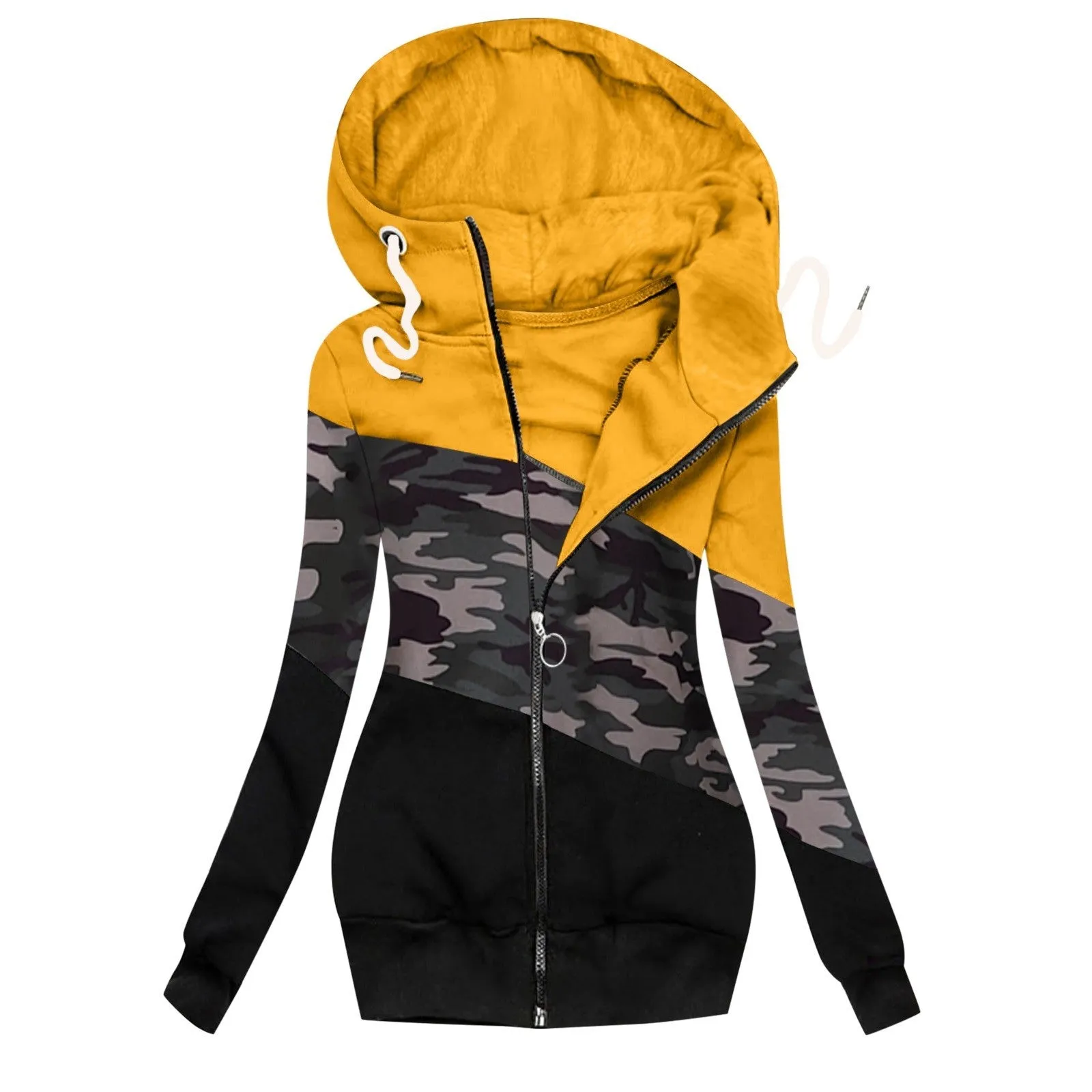 Women Turtleneck Hoodie Color Block Zip Up Drawstring Sweatshirt Coat with Pockets