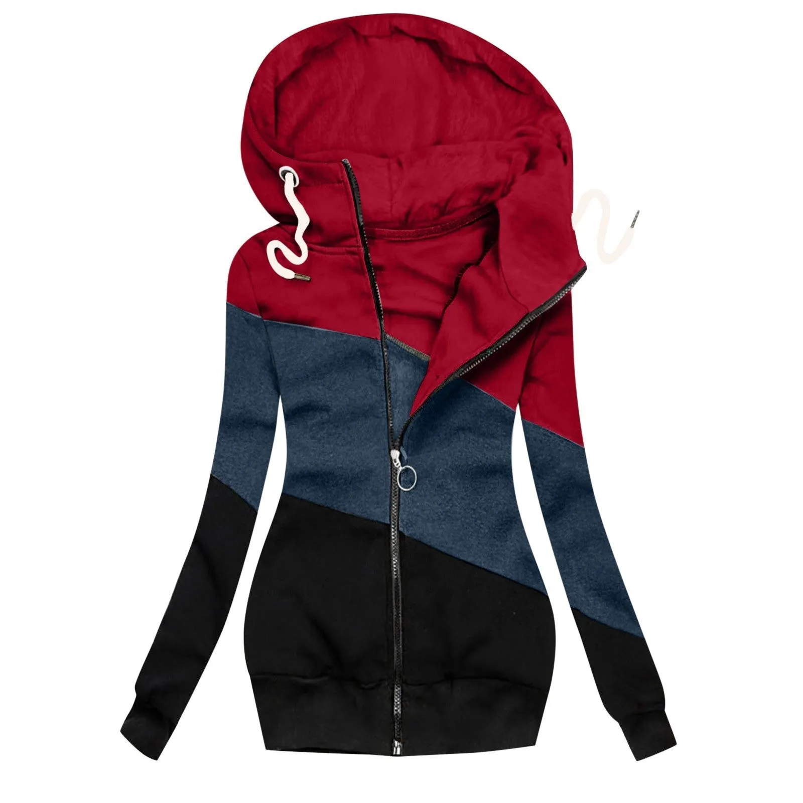 Women Turtleneck Hoodie Color Block Zip Up Drawstring Sweatshirt Coat with Pockets