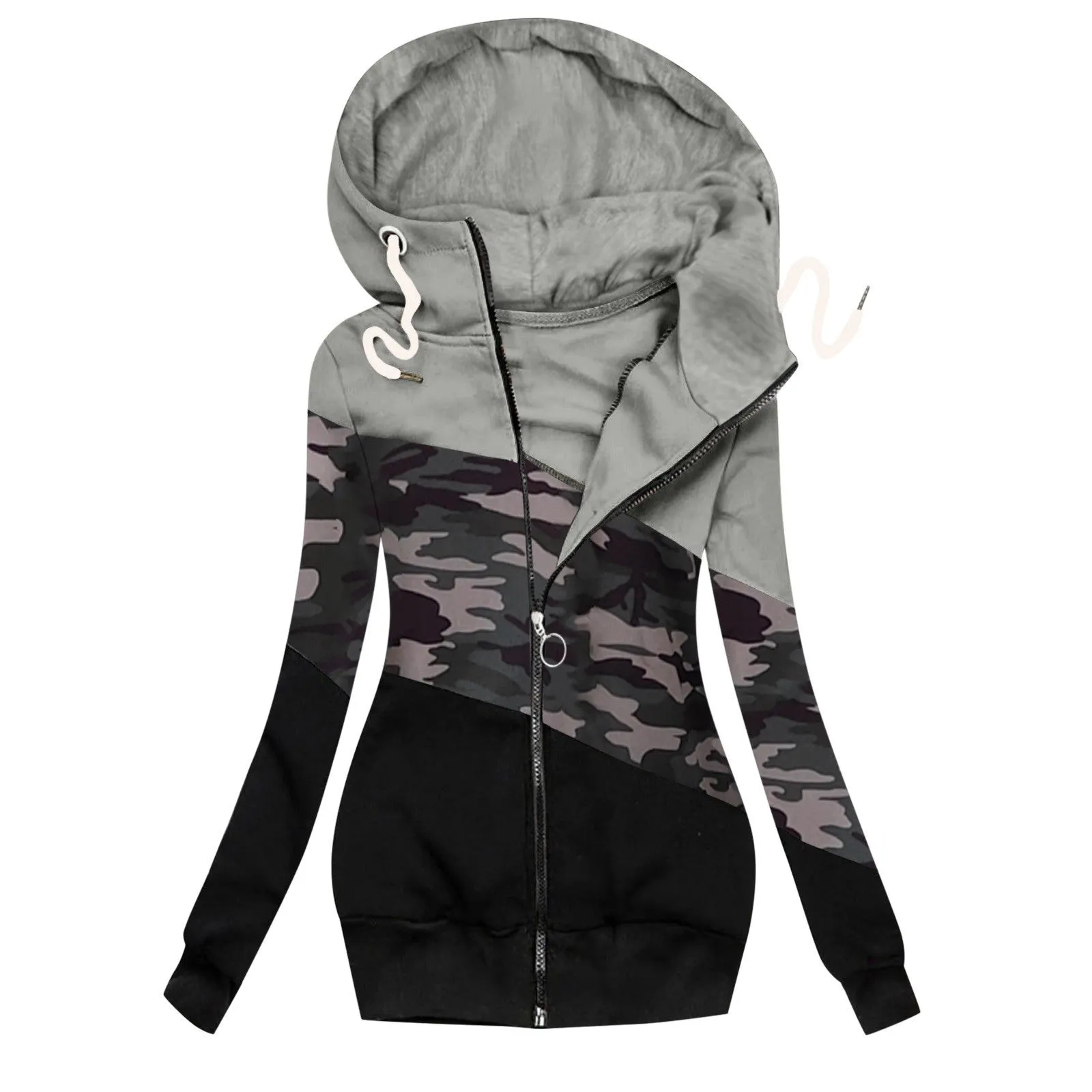 Women Turtleneck Hoodie Color Block Zip Up Drawstring Sweatshirt Coat with Pockets
