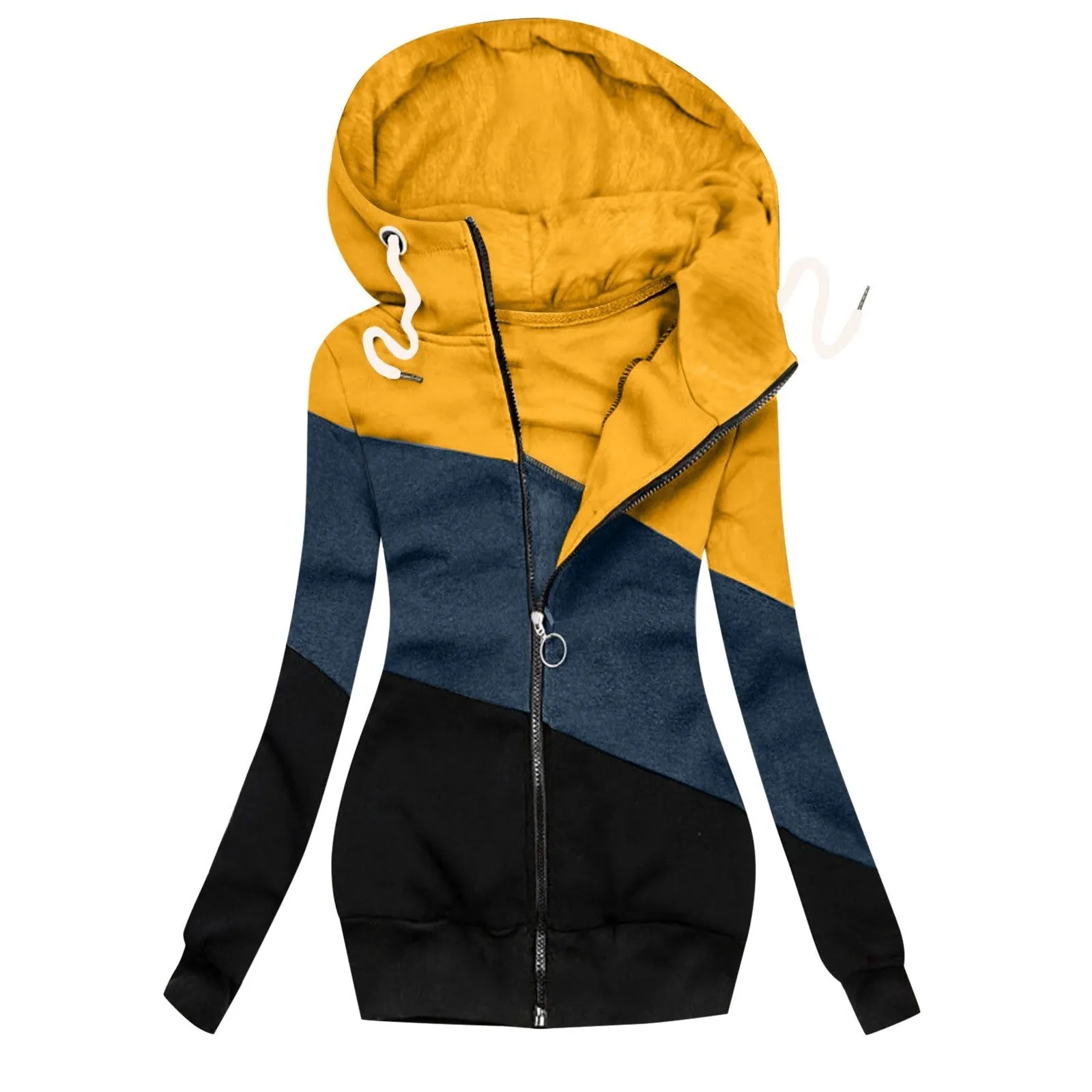 Women Turtleneck Hoodie Color Block Zip Up Drawstring Sweatshirt Coat with Pockets