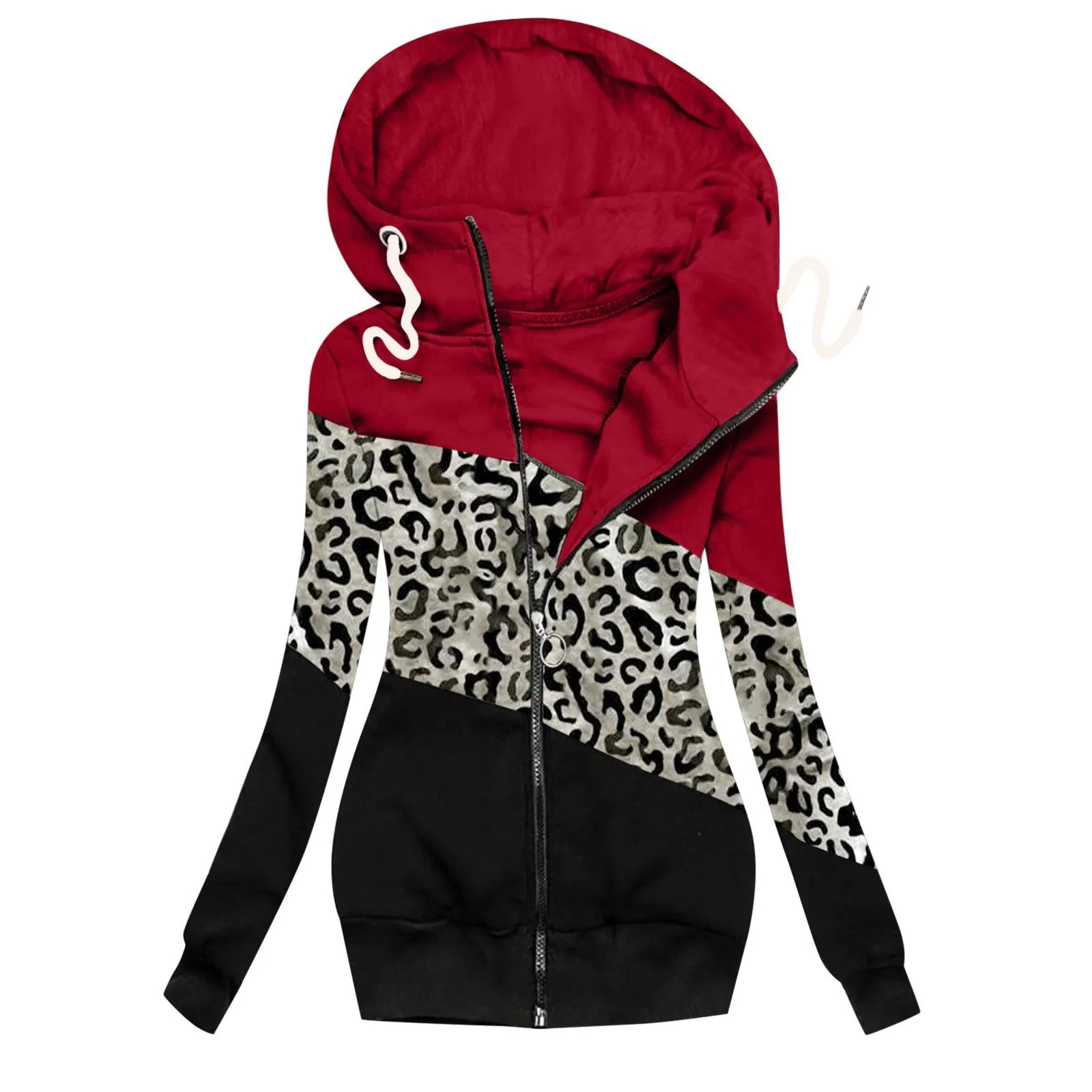 Women Turtleneck Hoodie Color Block Zip Up Drawstring Sweatshirt Coat with Pockets