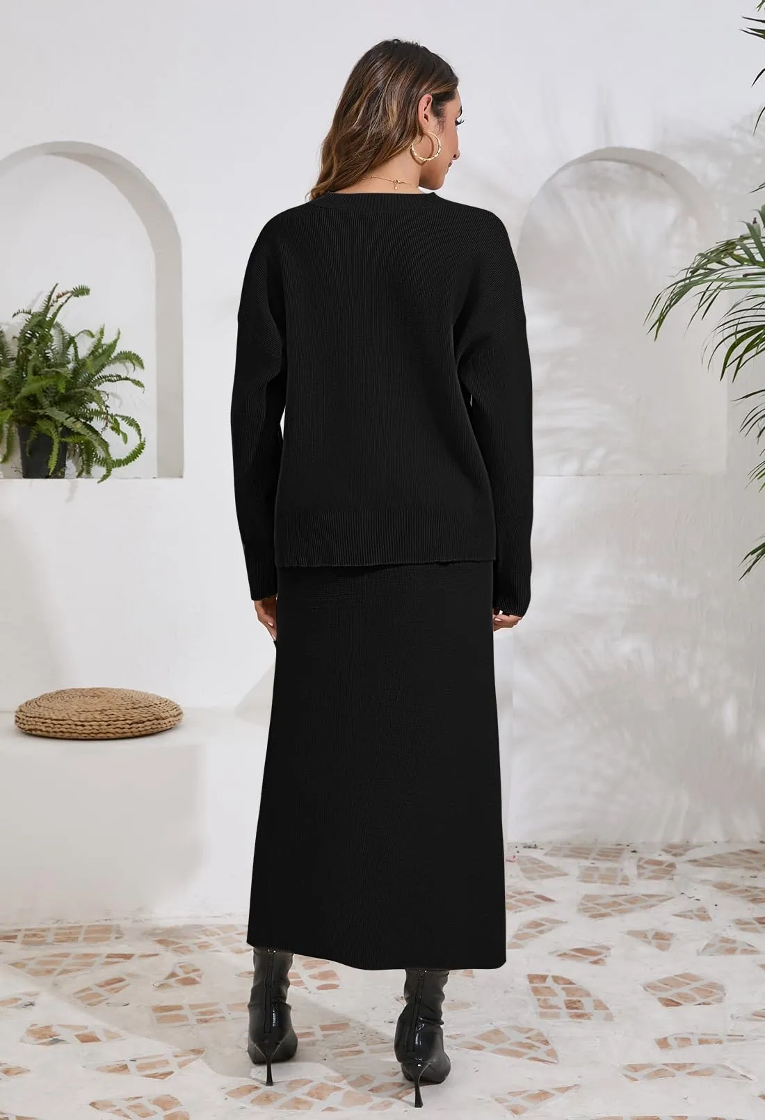 Women’s Fall Sweater Set Matching Two Piece Casual Outfits Lounge Sets Long Sleeve Knit Top Bodycon Midi Skirt Black S