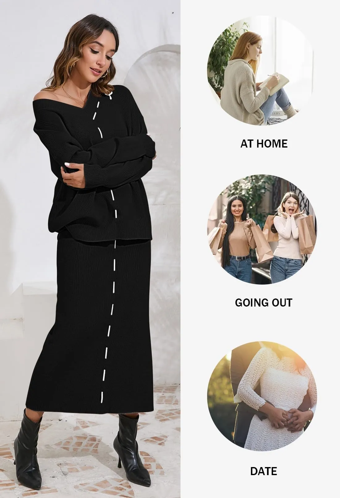 Women’s Fall Sweater Set Matching Two Piece Casual Outfits Lounge Sets Long Sleeve Knit Top Bodycon Midi Skirt Black S