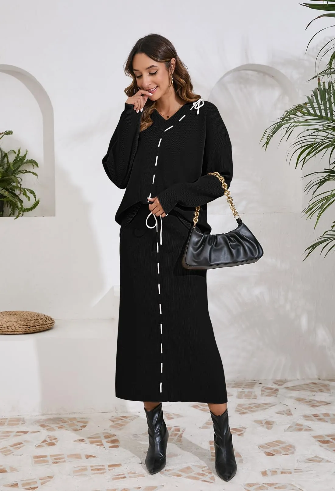 Women’s Fall Sweater Set Matching Two Piece Casual Outfits Lounge Sets Long Sleeve Knit Top Bodycon Midi Skirt Black S